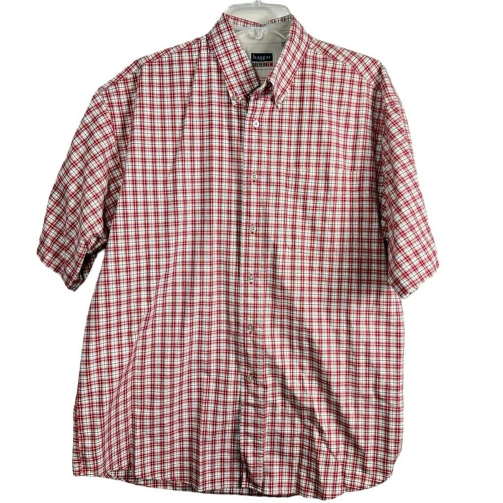 Haggar Forever Casual Camp Shirt Men's Red Check Short Sleeve Button Down Size L - Picture 2 of 9